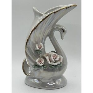 Vintage Iridescent Opalescent Swan Bud Vase Figurine with Capodimonte Flowers